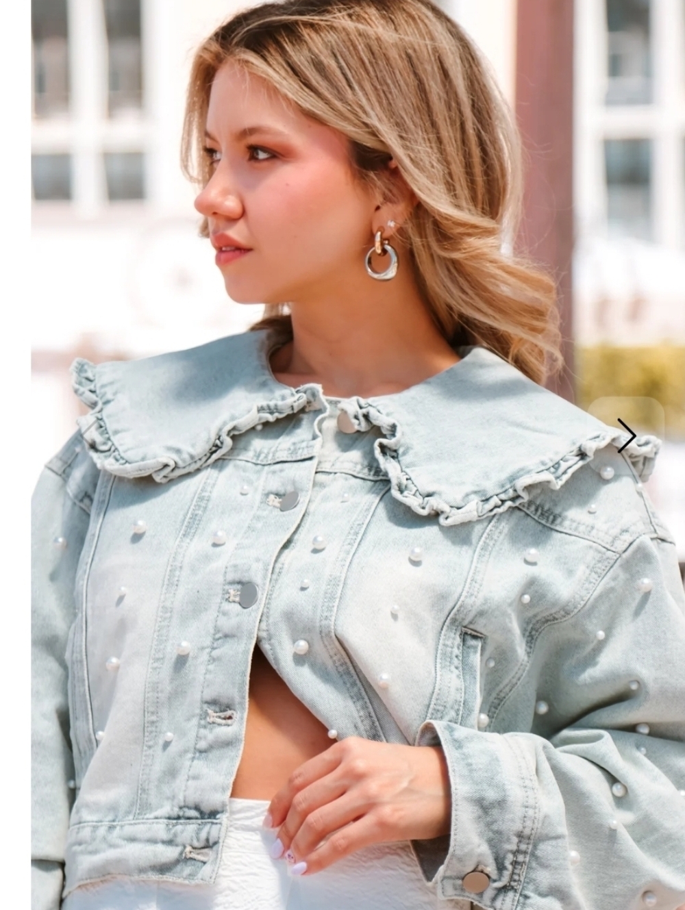 Peach Love Perla Del Mar Oversized Cropped Denim Jacket | Size L NWOT